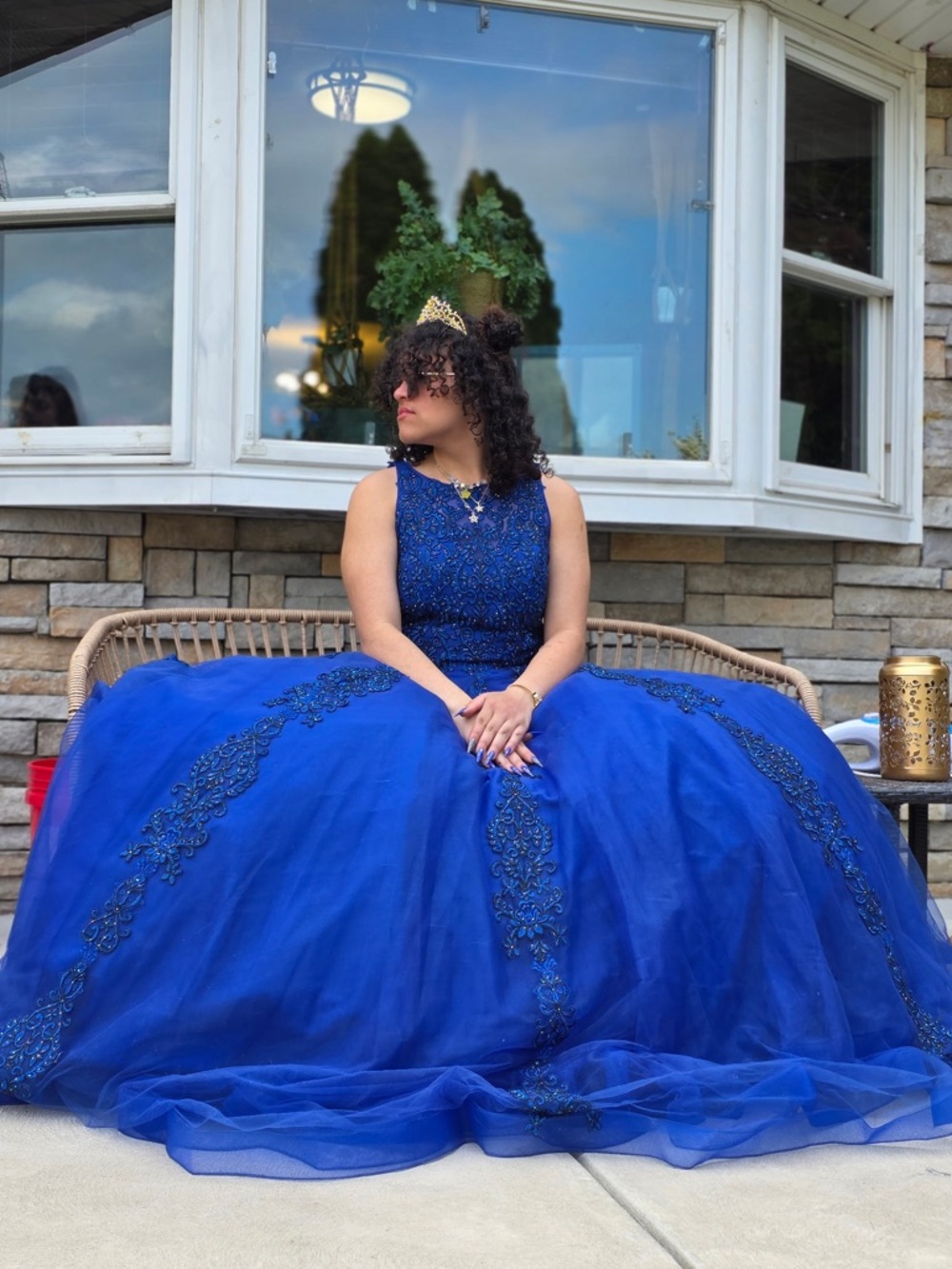 Royal Blue Beaded Tulle Ball Gown - Picture 2 of 11